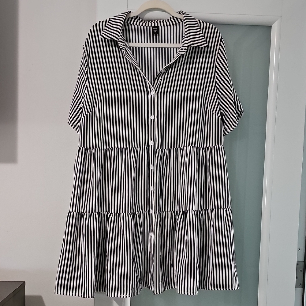 Blue and White Striped Button-Up Dress